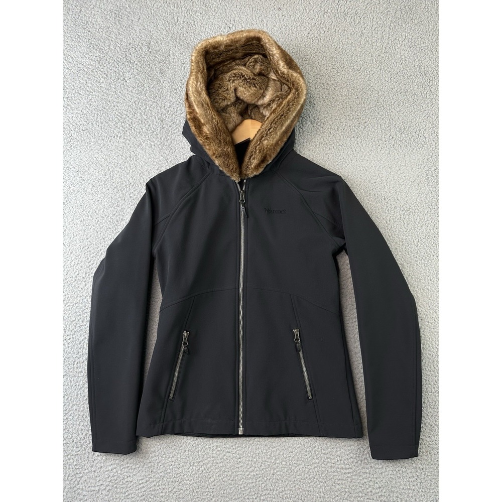 Marmot Womens Furlong Full Zip Nylon Soft Shell Jacket Faux Fur Hood Black Small
